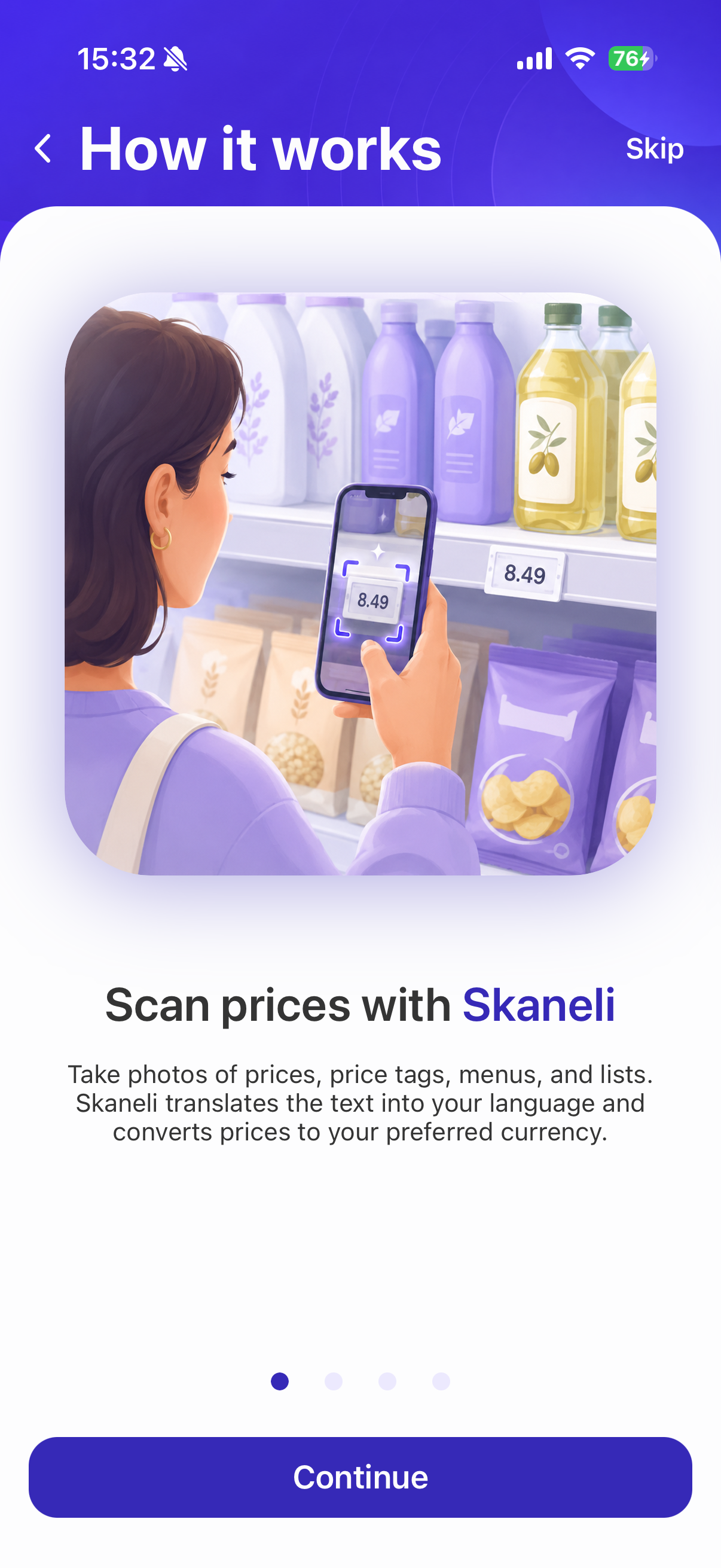 The first Skaneli onboarding screen explaining how the app works
