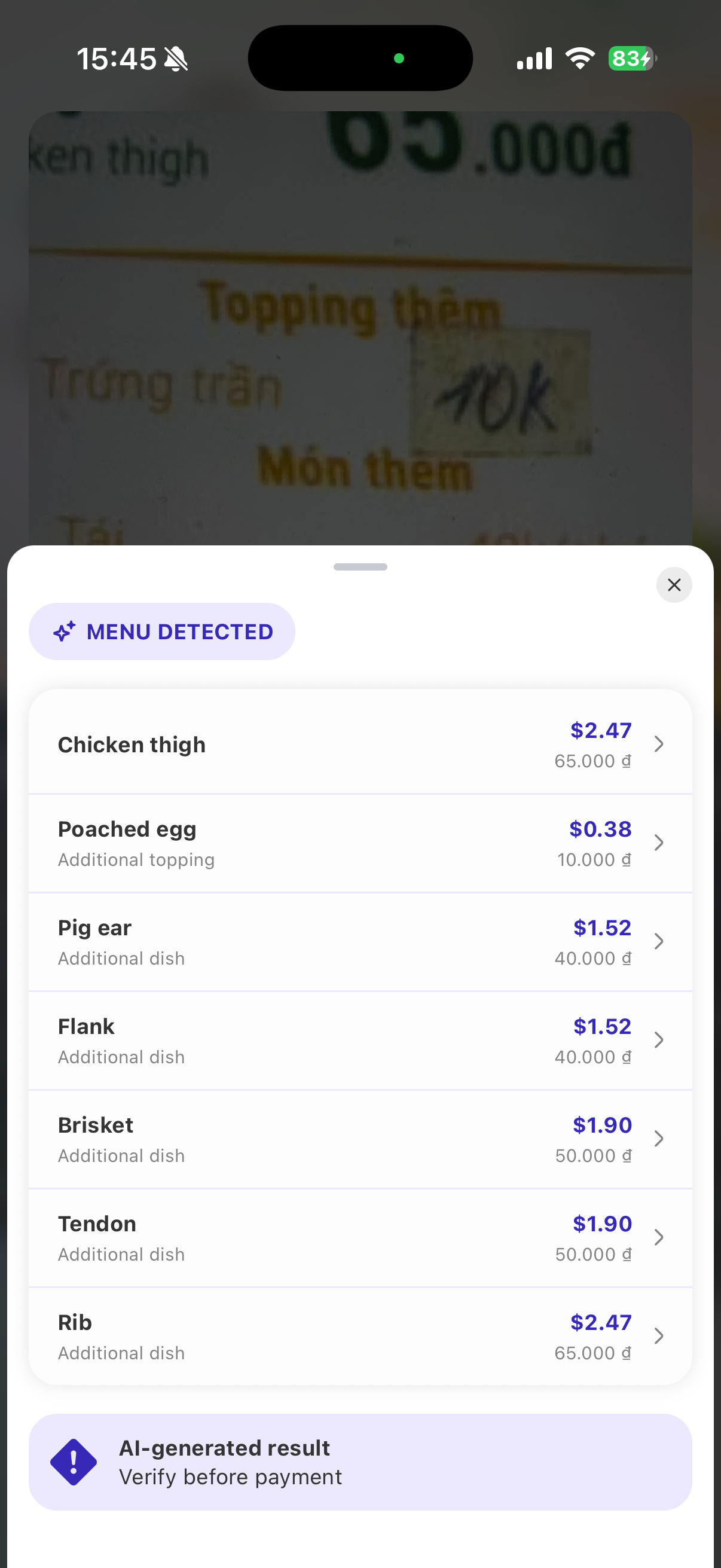 Recognized menu translated into English with dollar prices